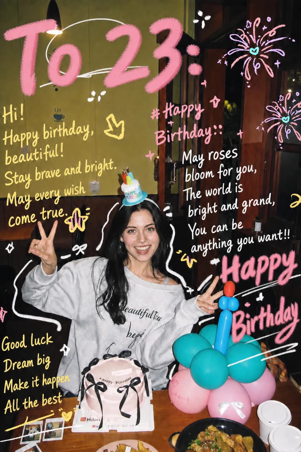 A birthday photo transformed with colorful hand-drawn celebration doodles and a personal message