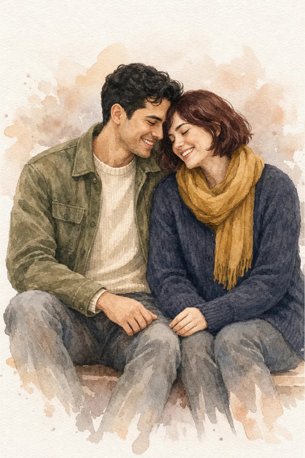 A couple photo reimagined as a warm watercolor-style keepsake artwork